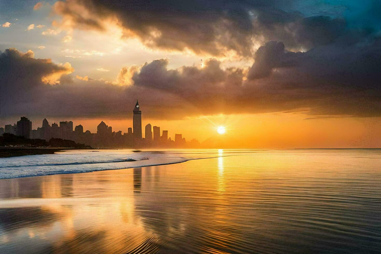 das Sonne setzt Über das Stadt Horizont im diese Foto. KI-generiert foto