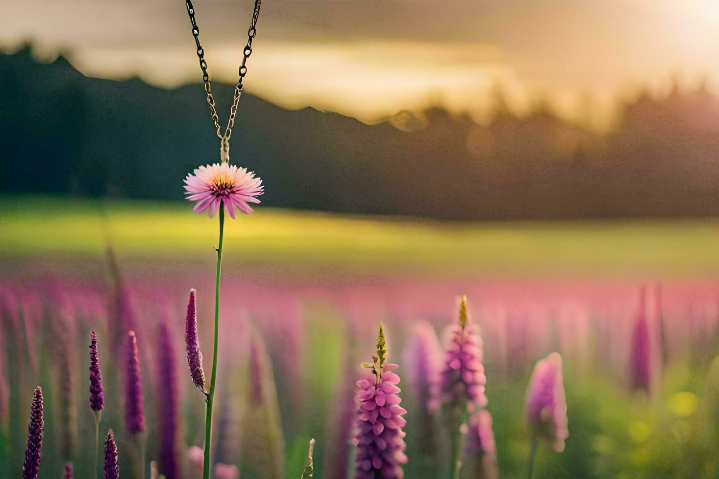 ein Blume ist gezeigt im ein Feld mit ein Halskette. KI-generiert foto