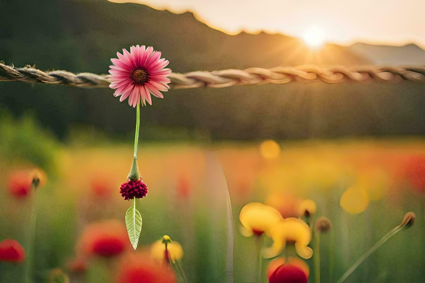 ein Blume ist hängend von ein Seil im ein Feld. KI-generiert foto