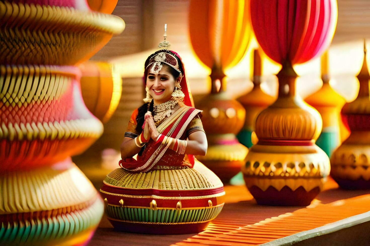 ein Frau im traditionell indisch Kleidung Sitzung auf ein groß Topf. KI-generiert foto