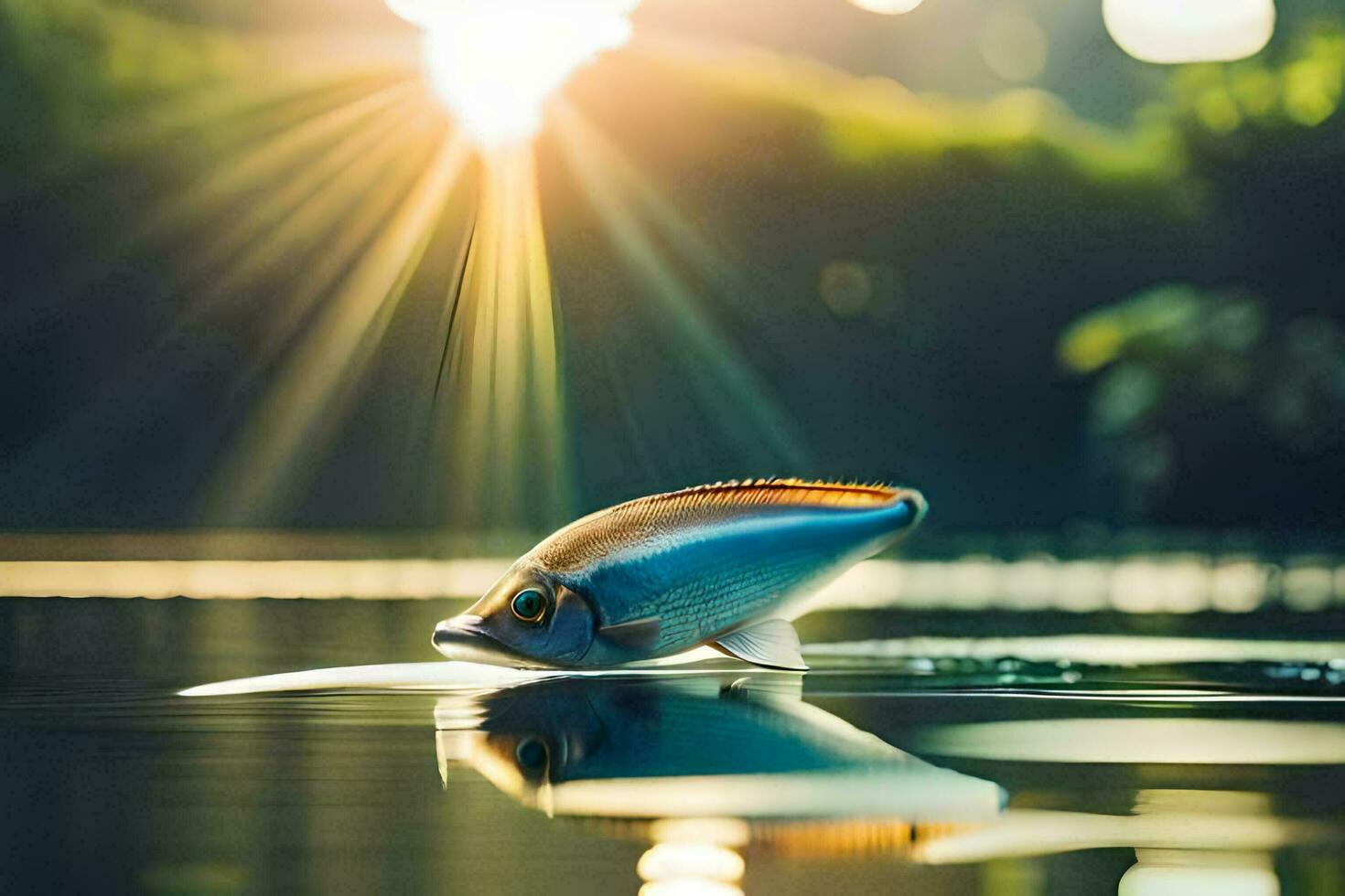 ein Fisch ist schwebend auf das Wasser mit das Sonne leuchtenden. KI-generiert foto