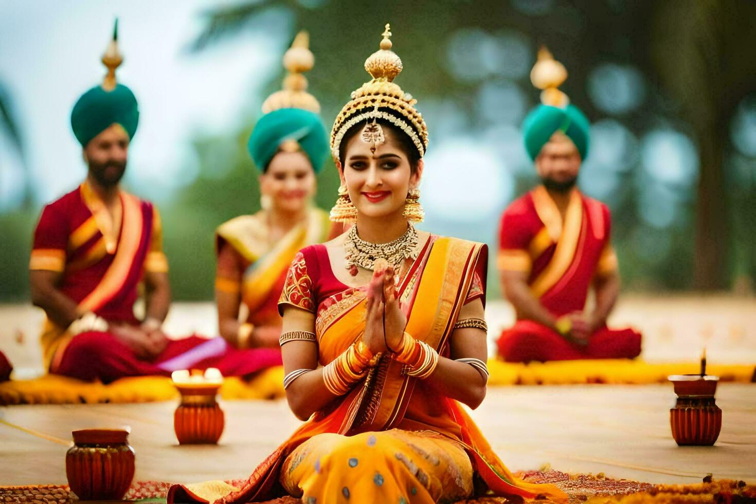 indisch Braut im traditionell Kleidung Sitzung auf das Boden mit andere Frauen. KI-generiert foto