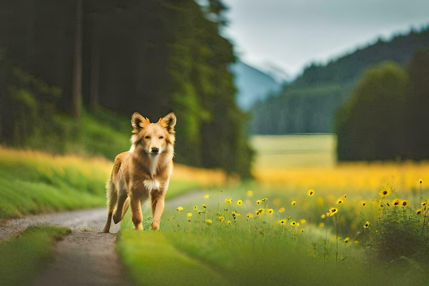 ein Hund Gehen auf ein Straße im ein Feld mit Gelb Blumen. KI-generiert foto