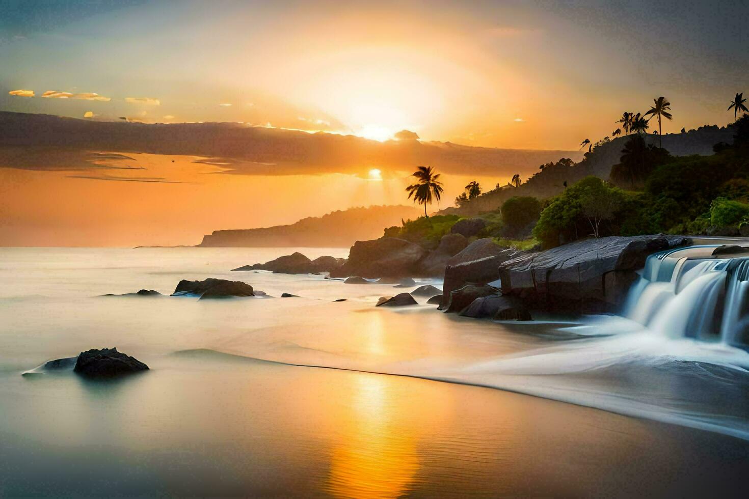 das Sonne setzt Über das Ozean und Wasserfall im diese schön Foto. KI-generiert foto