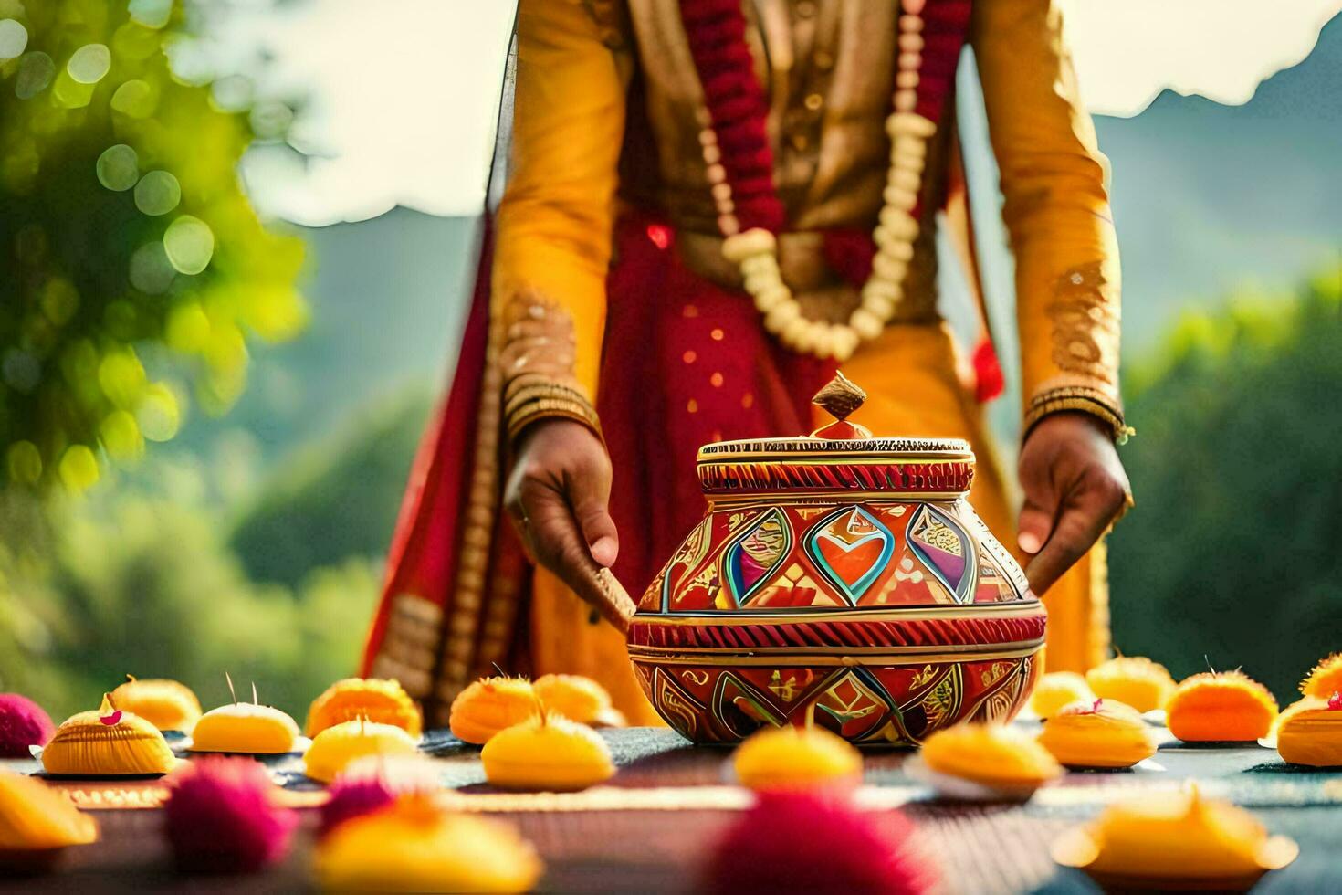 ein Mann im traditionell indisch Kleidung ist halten ein Topf. KI-generiert foto