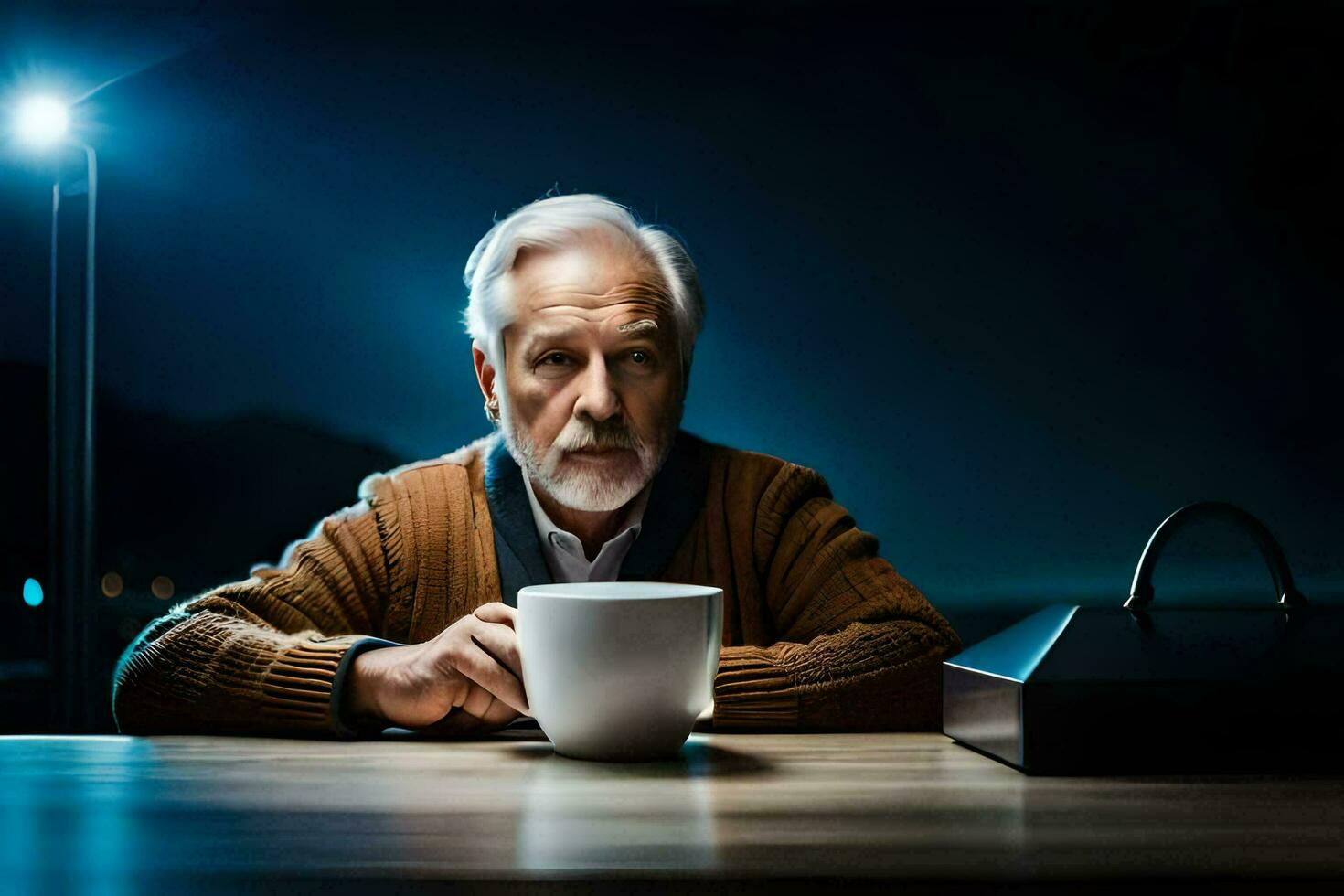 ein älter Mann Sitzung beim ein Tabelle mit ein Tasse von Kaffee. KI-generiert foto