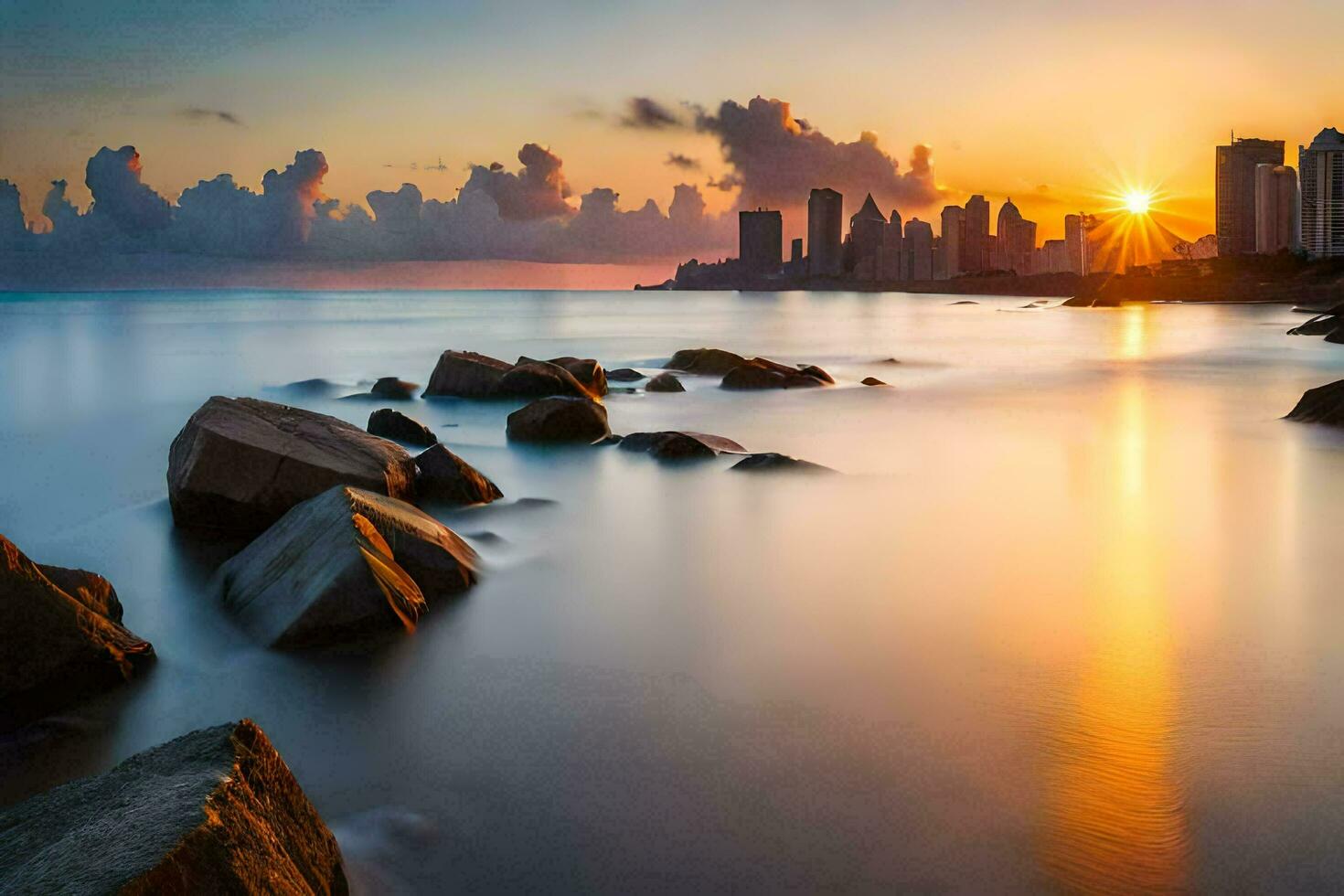 das Sonne setzt Über ein Stadt Horizont und das Ozean. KI-generiert foto