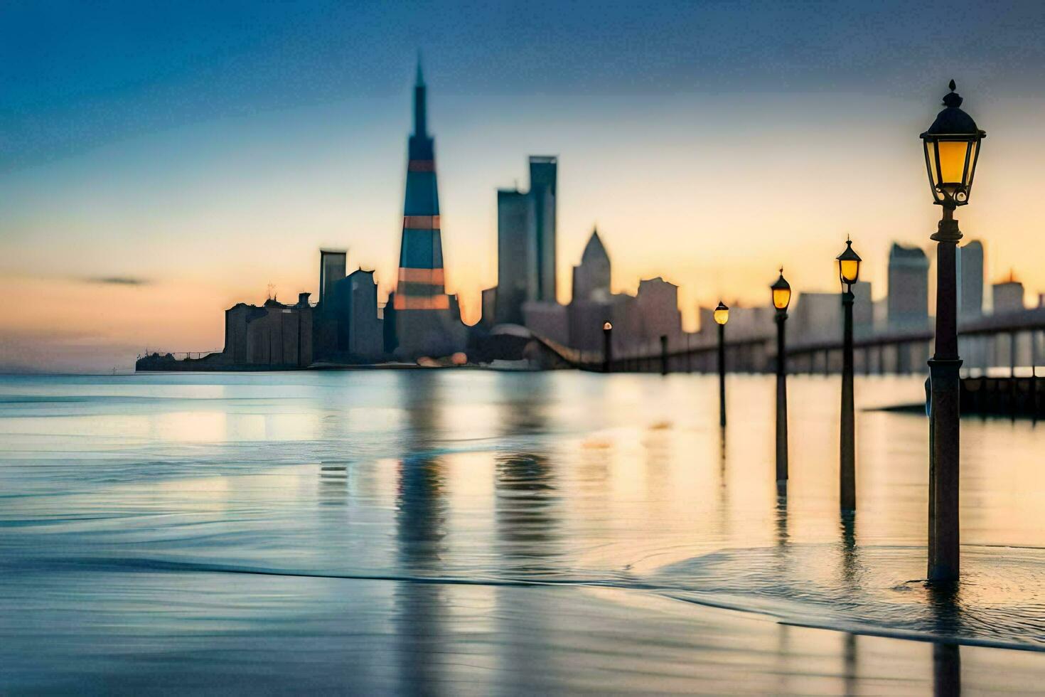 das Stadt Horizont ist reflektiert im das Wasser beim Sonnenuntergang. KI-generiert foto