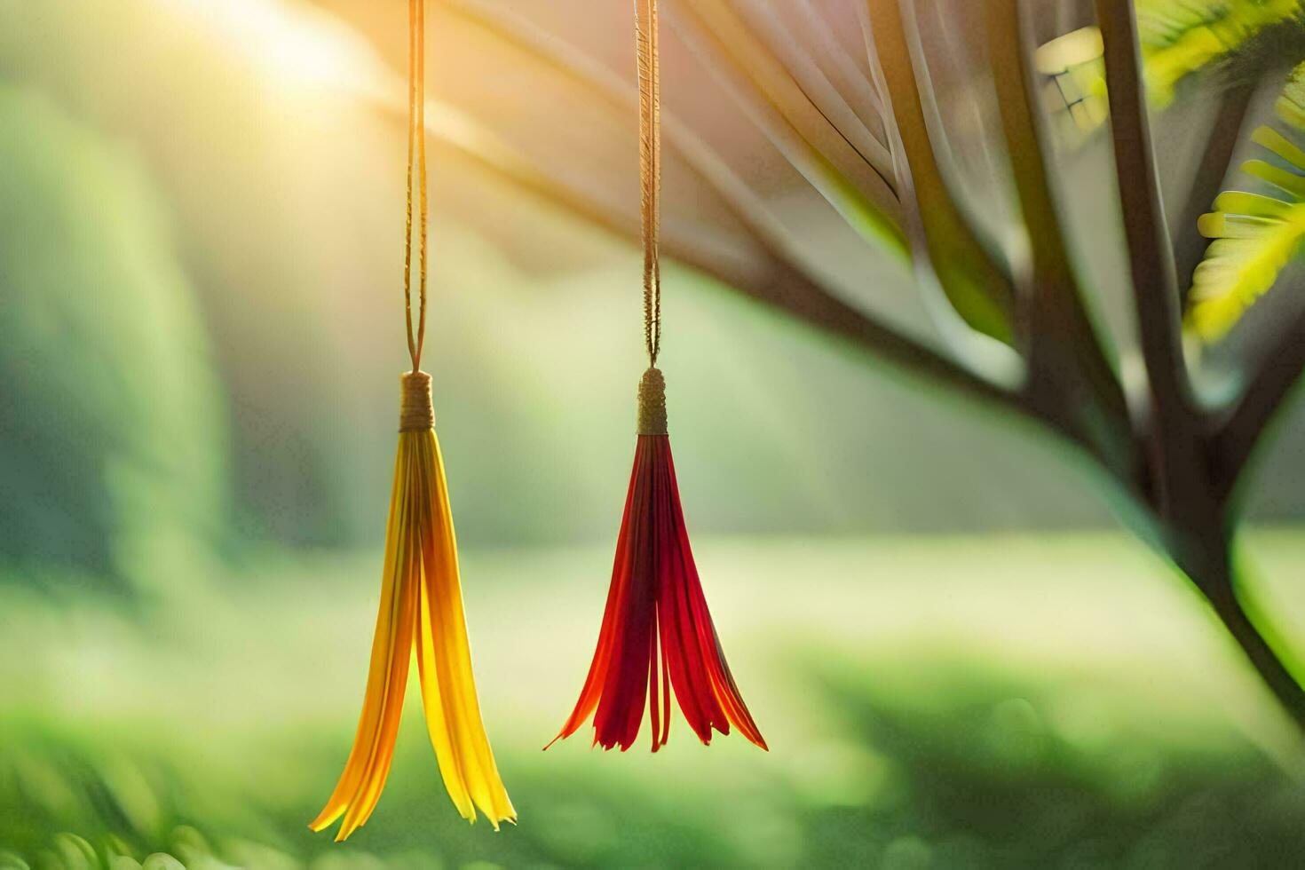 zwei bunt Quasten hängend von ein Baum. KI-generiert foto