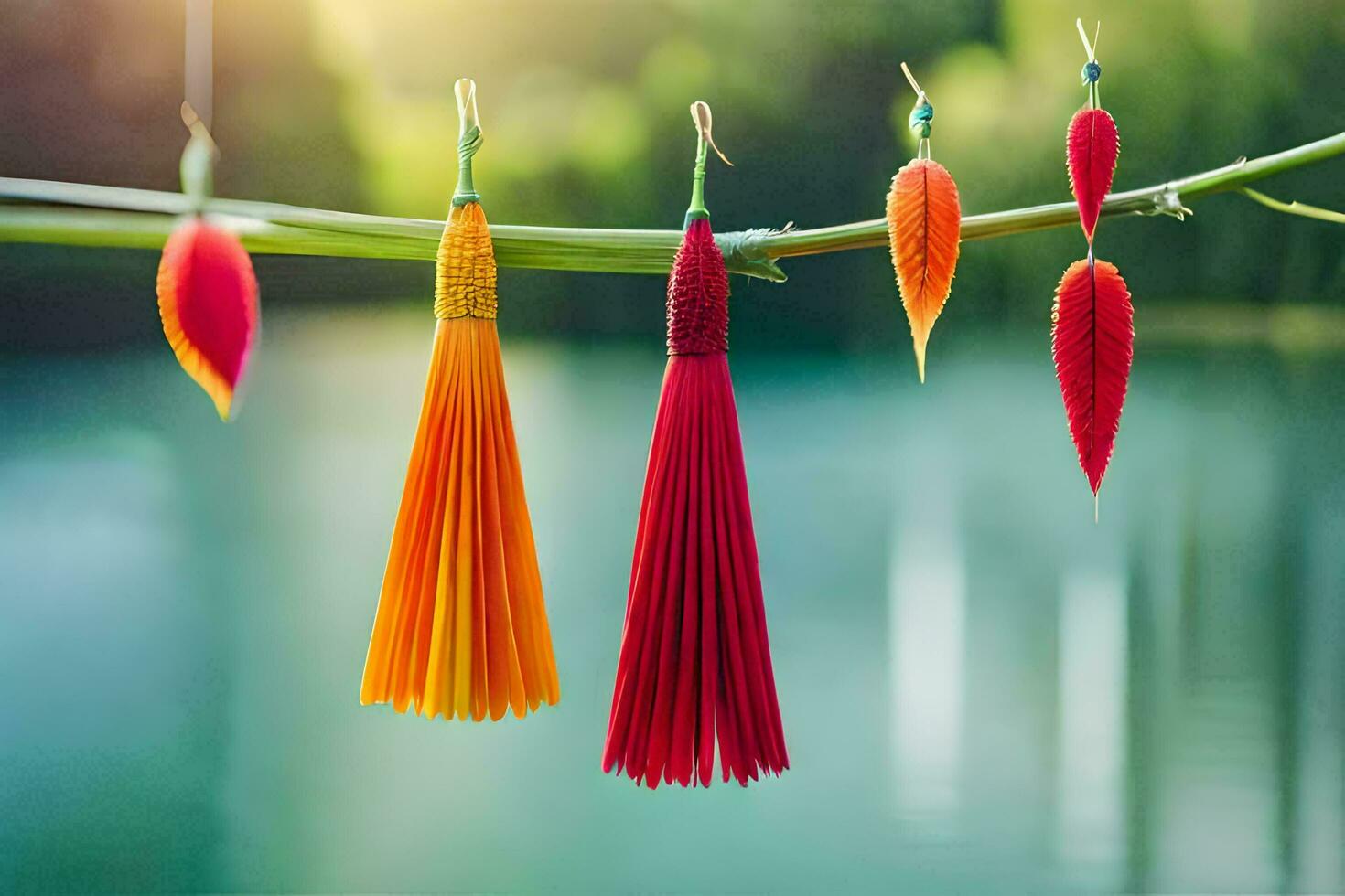 bunt Quasten hängend von ein Baum Ast. KI-generiert foto