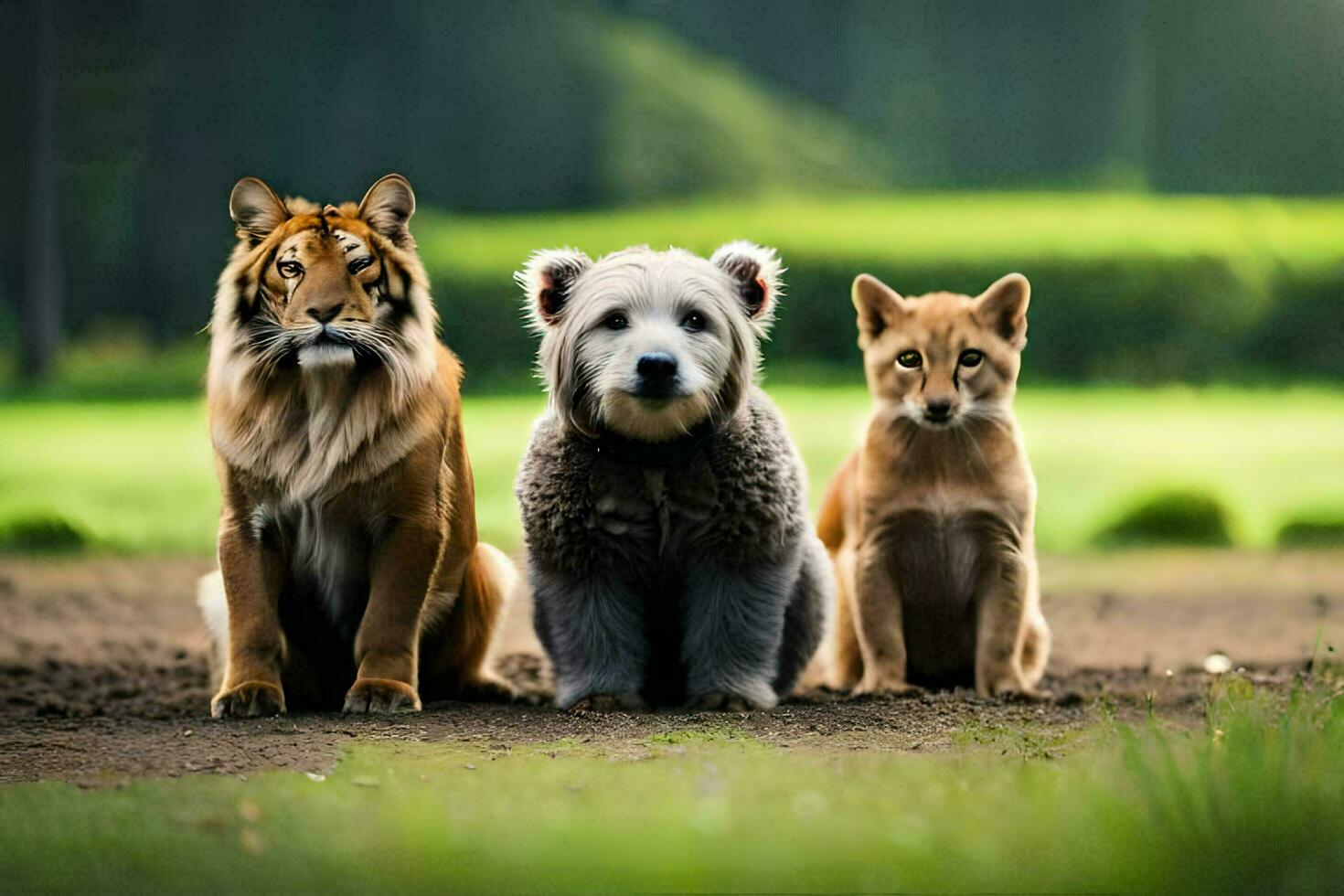 drei Hunde und ein Tiger Sitzung zusammen im das Gras. KI-generiert foto