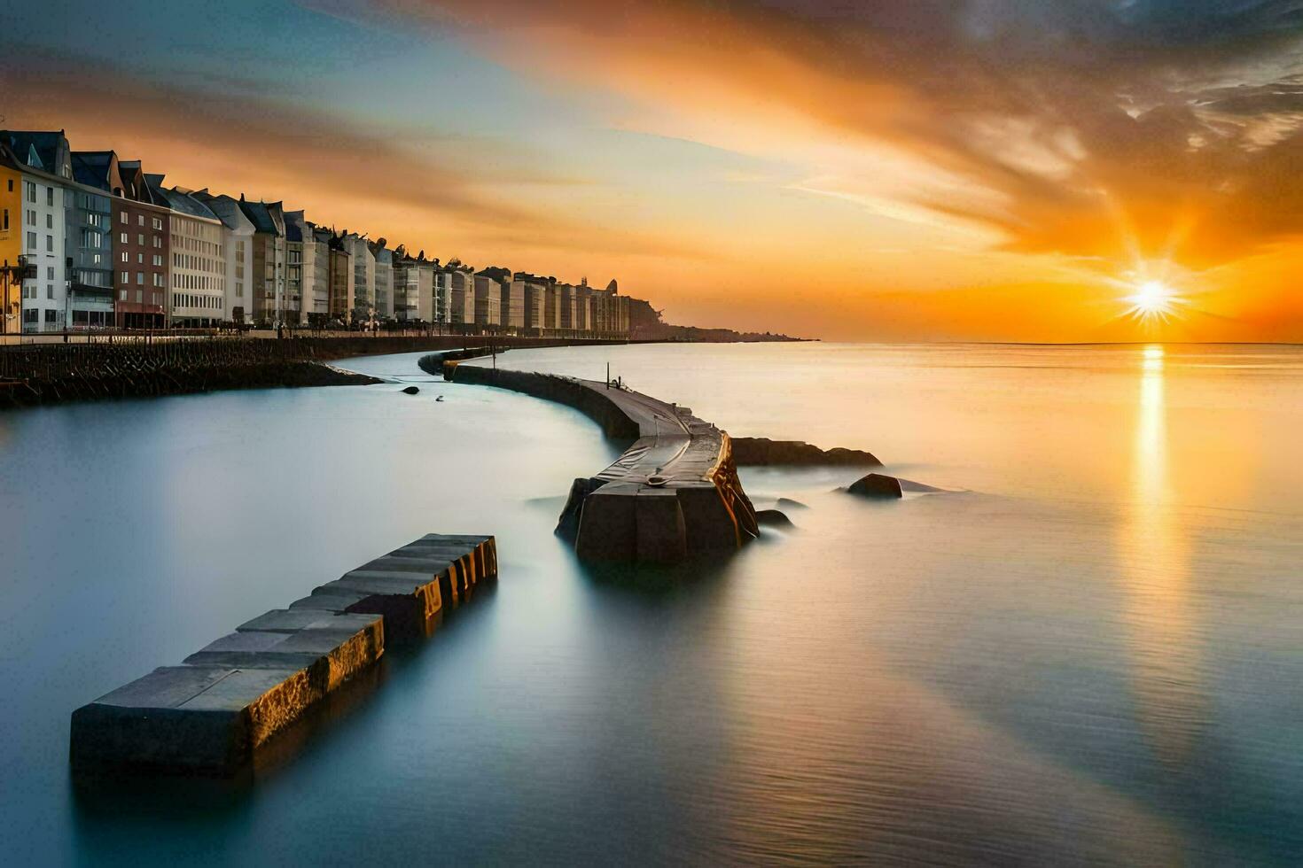 das Sonne setzt Über das Wasser und Gebäude im das Hintergrund. KI-generiert foto