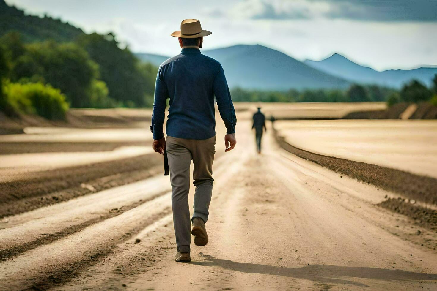 ein Mann im ein Hut Spaziergänge Nieder ein Schmutz Straße. KI-generiert foto