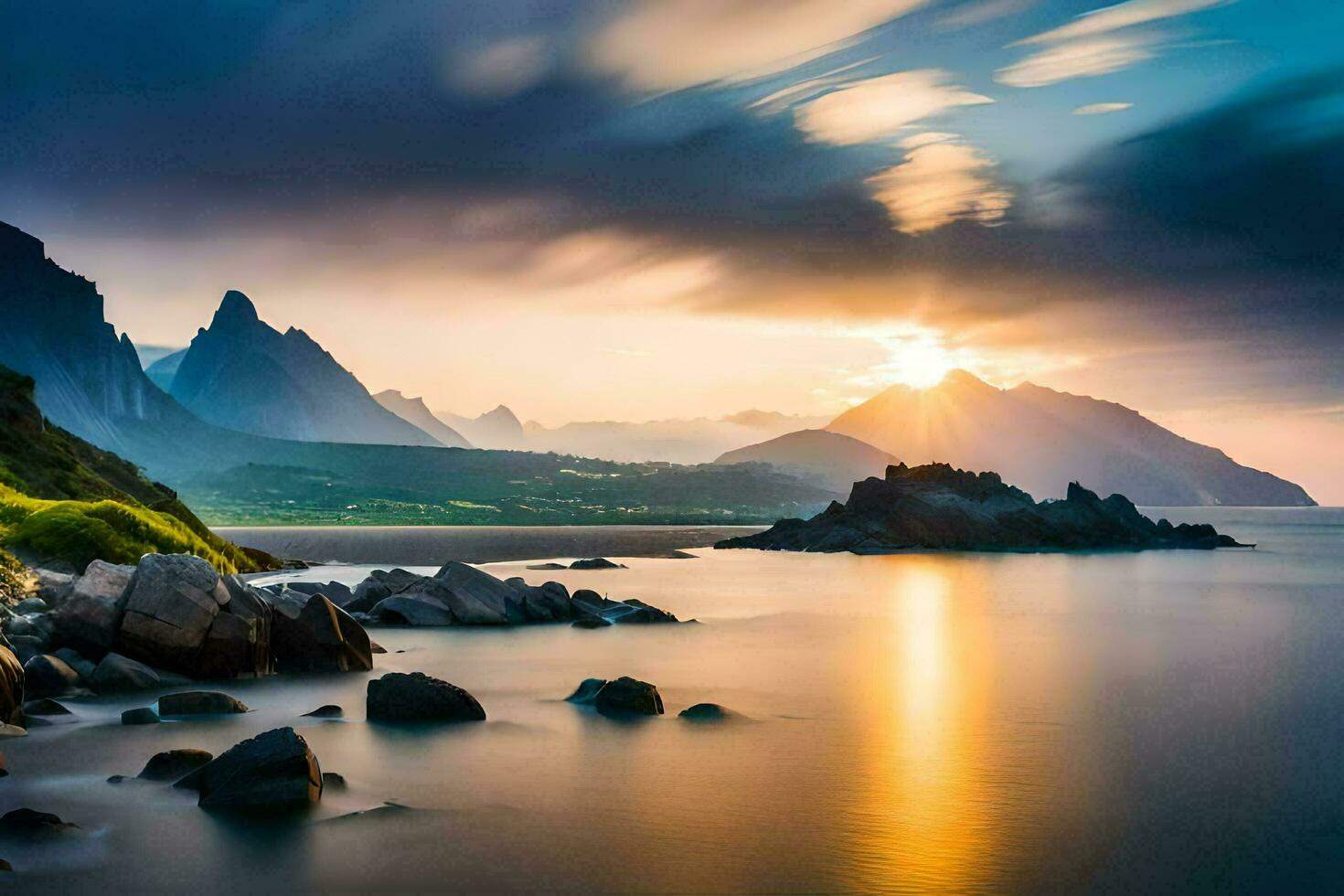 das Sonne setzt Über ein Berg Angebot und ein Strand. KI-generiert foto