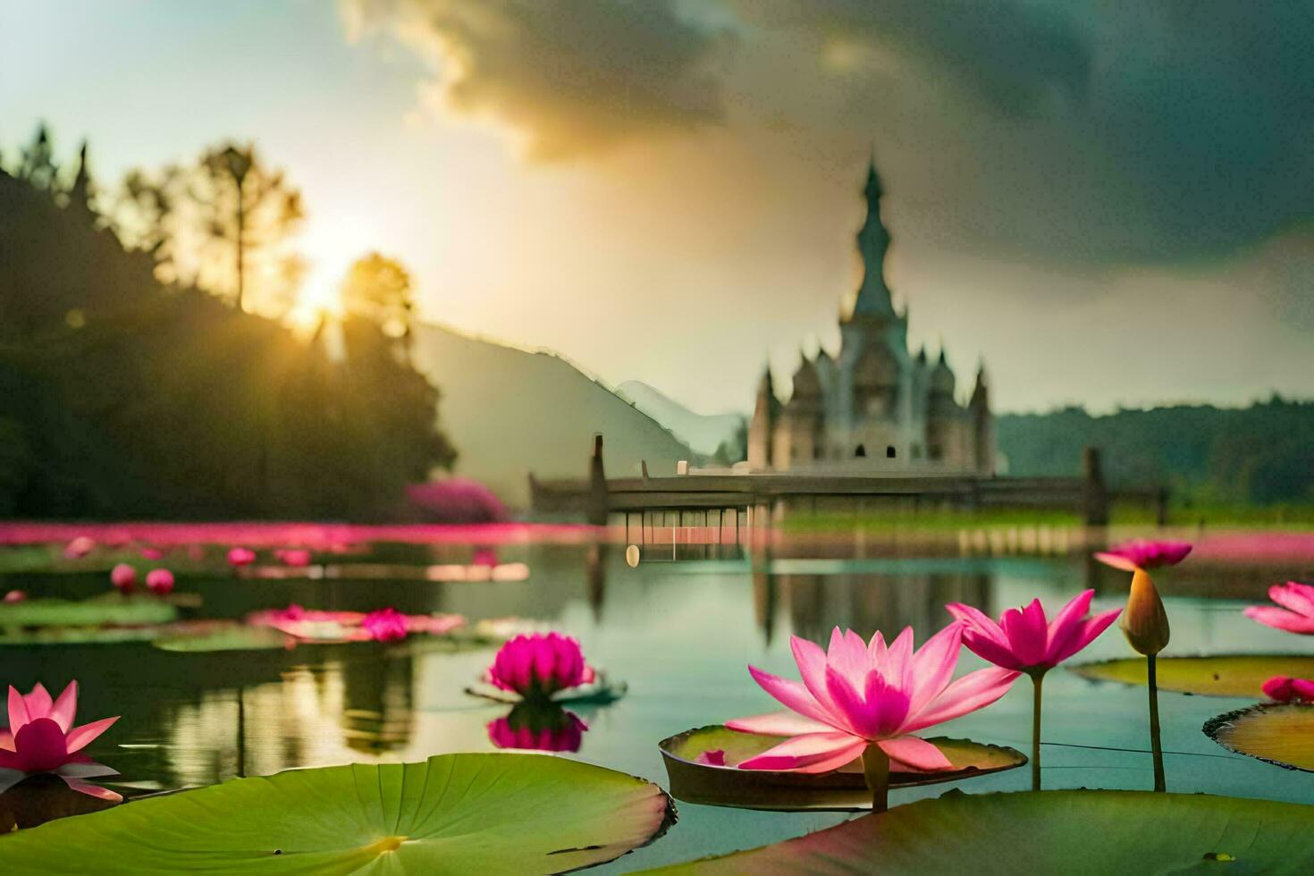 das Lotus Teich im Vorderseite von das Tempel. KI-generiert foto