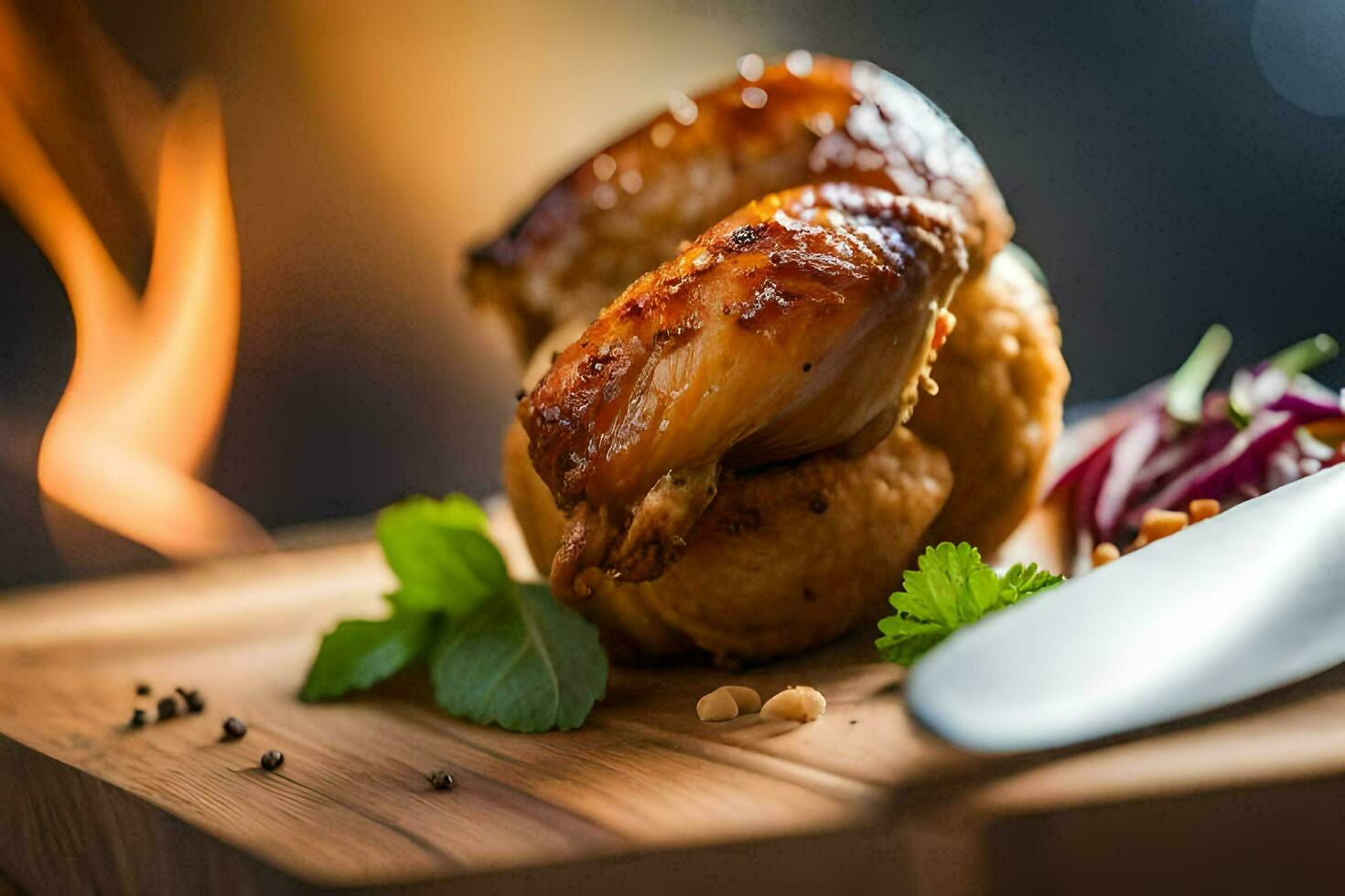 ein hölzern Schneiden Tafel mit Hähnchen und Gemüse. KI-generiert foto