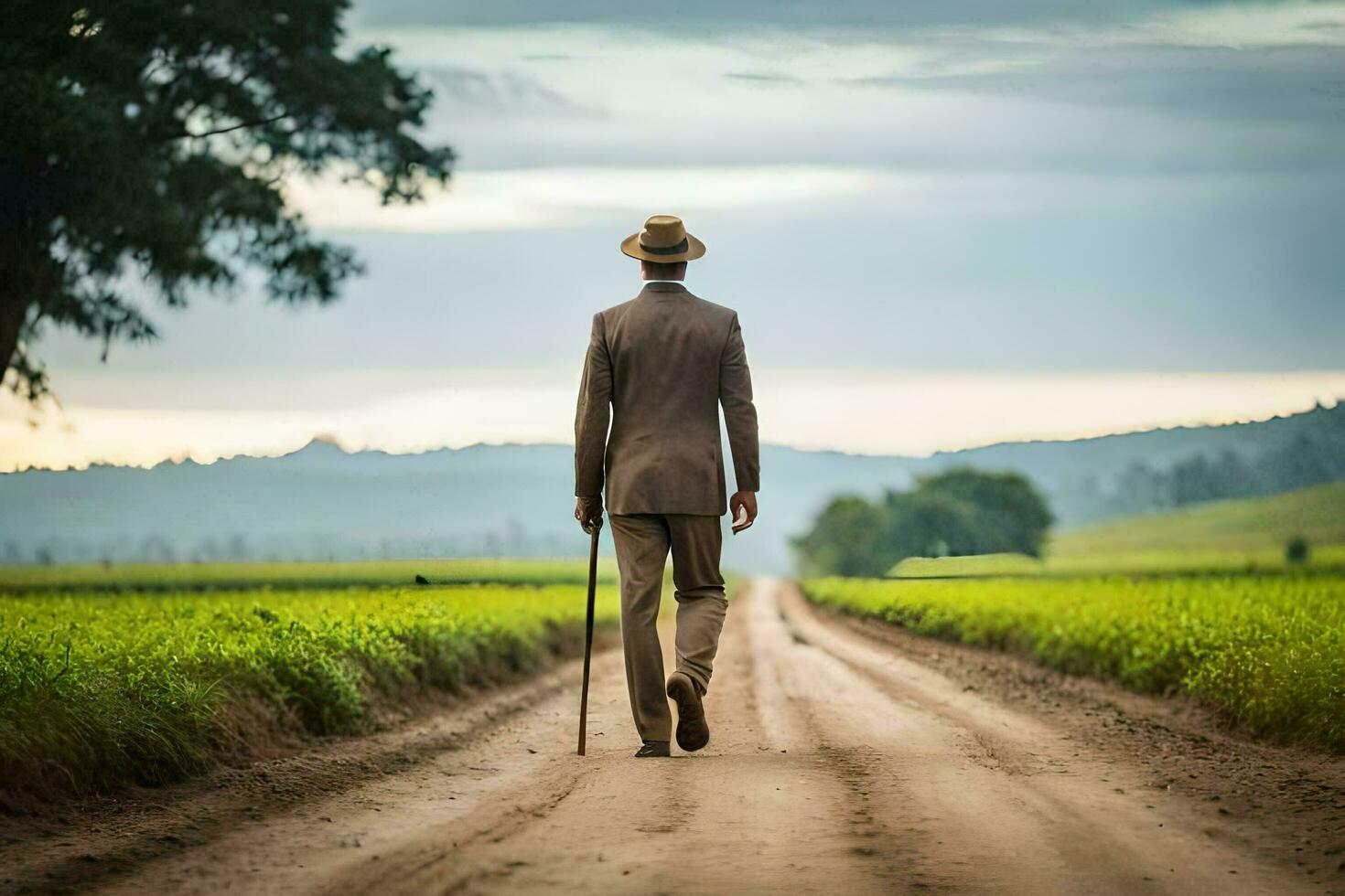 ein Mann im ein passen Spaziergänge Nieder ein Schmutz Straße. KI-generiert foto