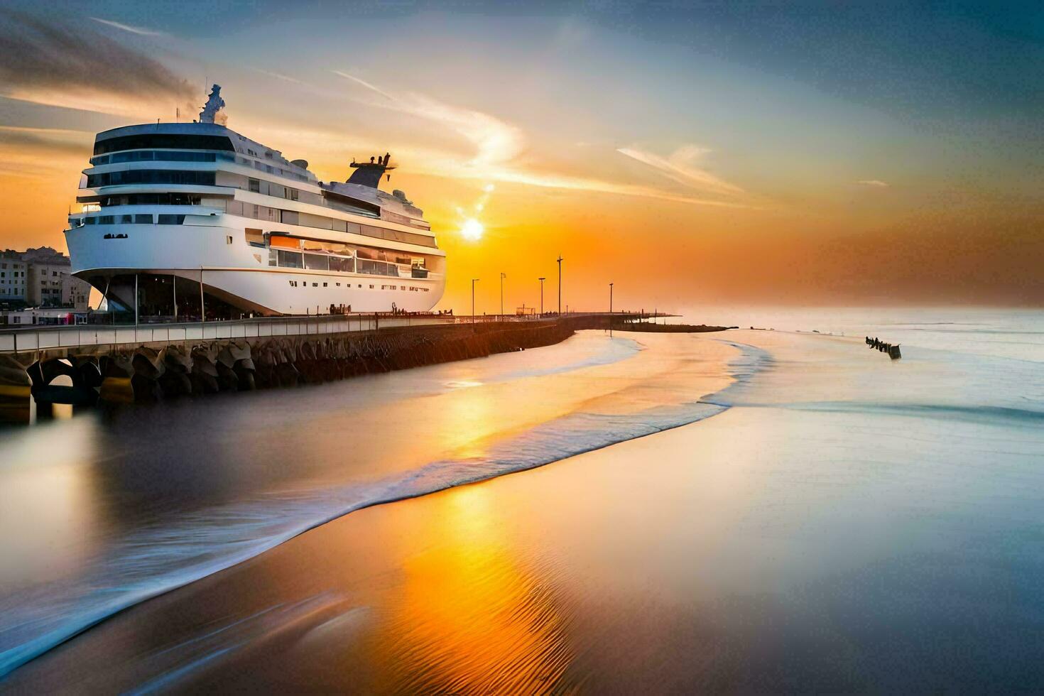 ein Kreuzfahrt Schiff angedockt beim das Seebrücke beim Sonnenuntergang. KI-generiert foto