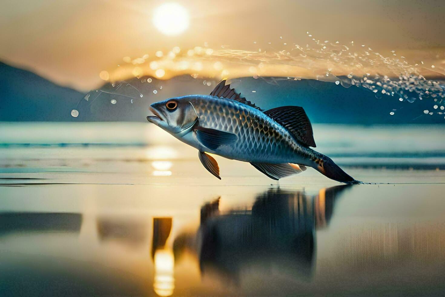 Fisch Springen aus von das Wasser beim Sonnenuntergang. KI-generiert foto