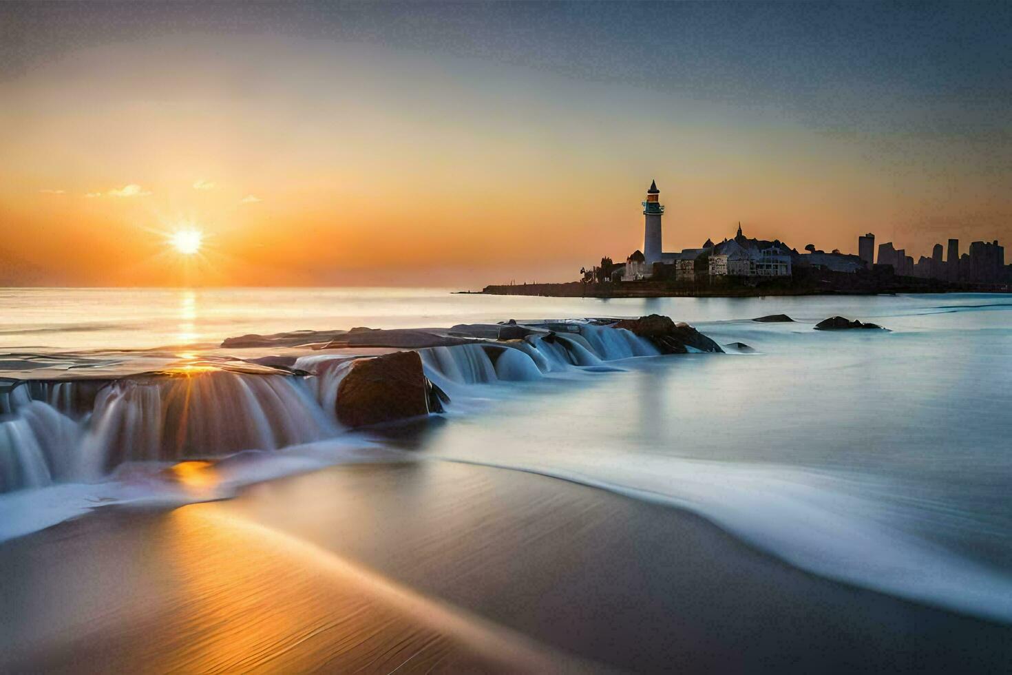 das Sonne steigt an Über das Wasser und ein Leuchtturm. KI-generiert foto