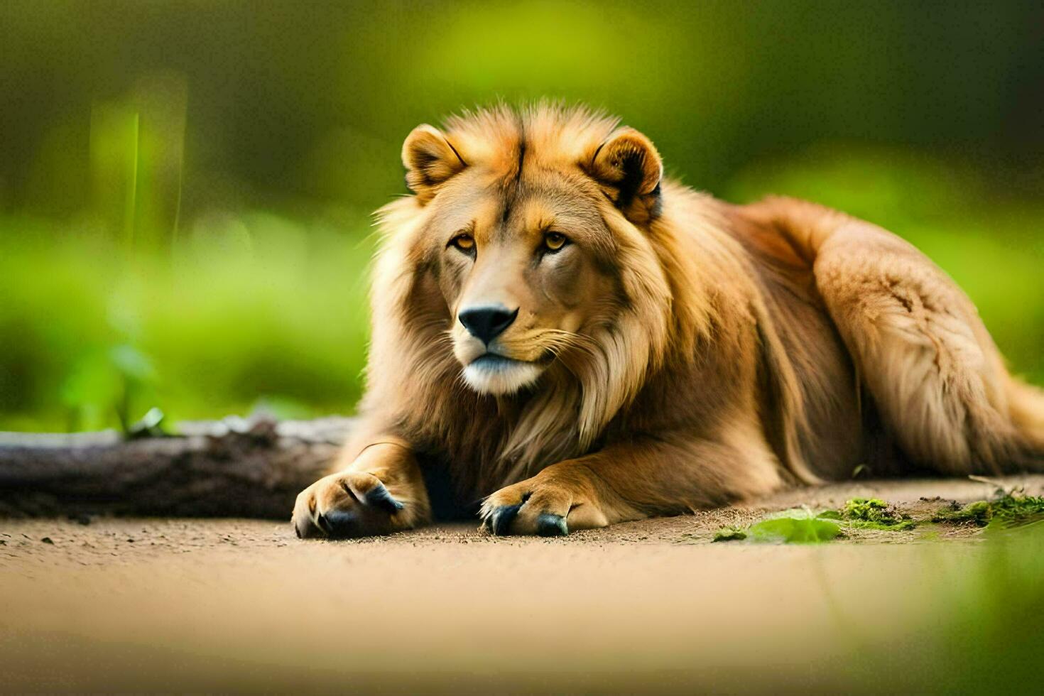 ein Löwe ist Sitzung auf das Boden im das Wald. KI-generiert foto