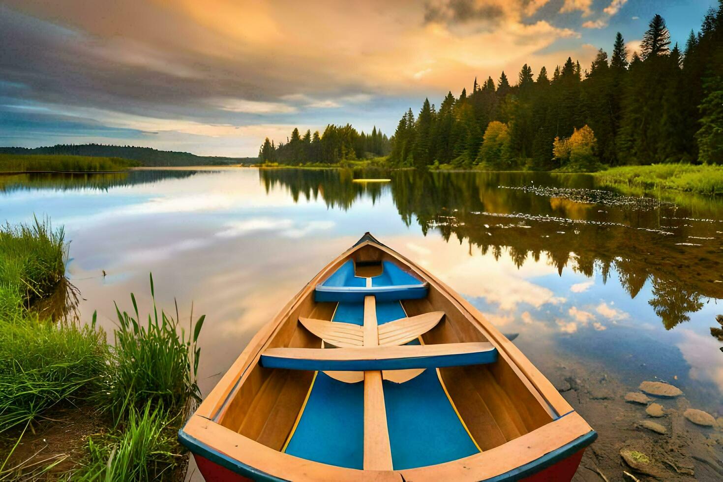 ein Boot sitzt auf das Ufer von ein See. KI-generiert foto