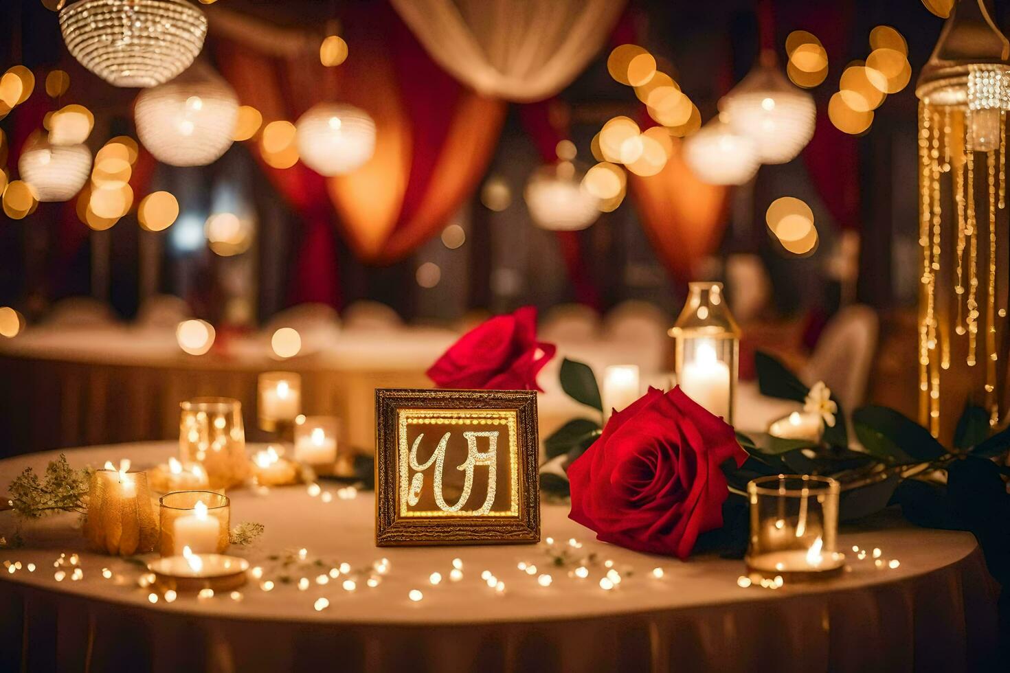 ein Tabelle mit Kerzen und ein rot Rose. KI-generiert foto