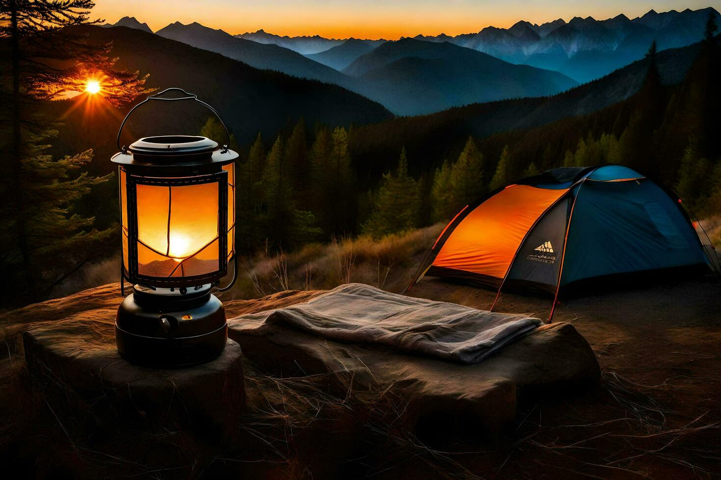 ein Camping Laterne ist zündete auf ein Berg oben beim Sonnenuntergang. KI-generiert foto