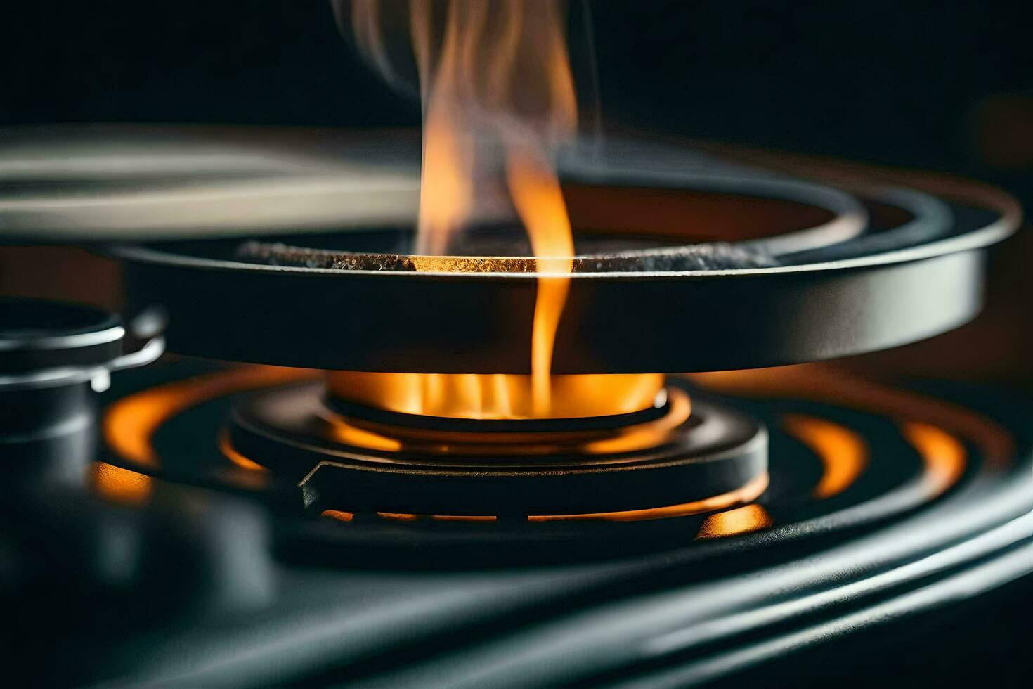 ein schließen oben von ein Gas Brenner mit Flammen. KI-generiert foto