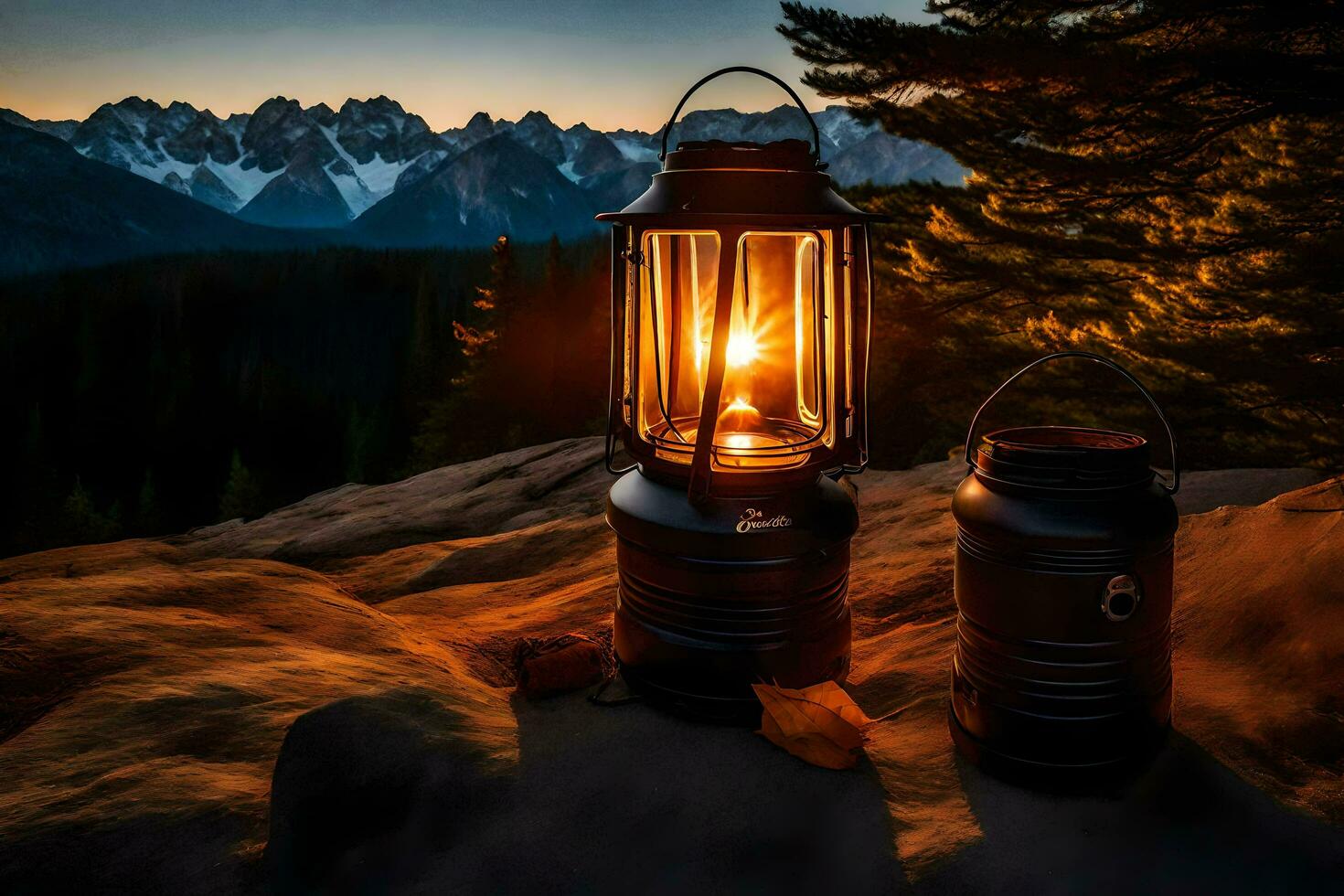 zwei Laternen auf ein Berg beim Sonnenuntergang. KI-generiert foto