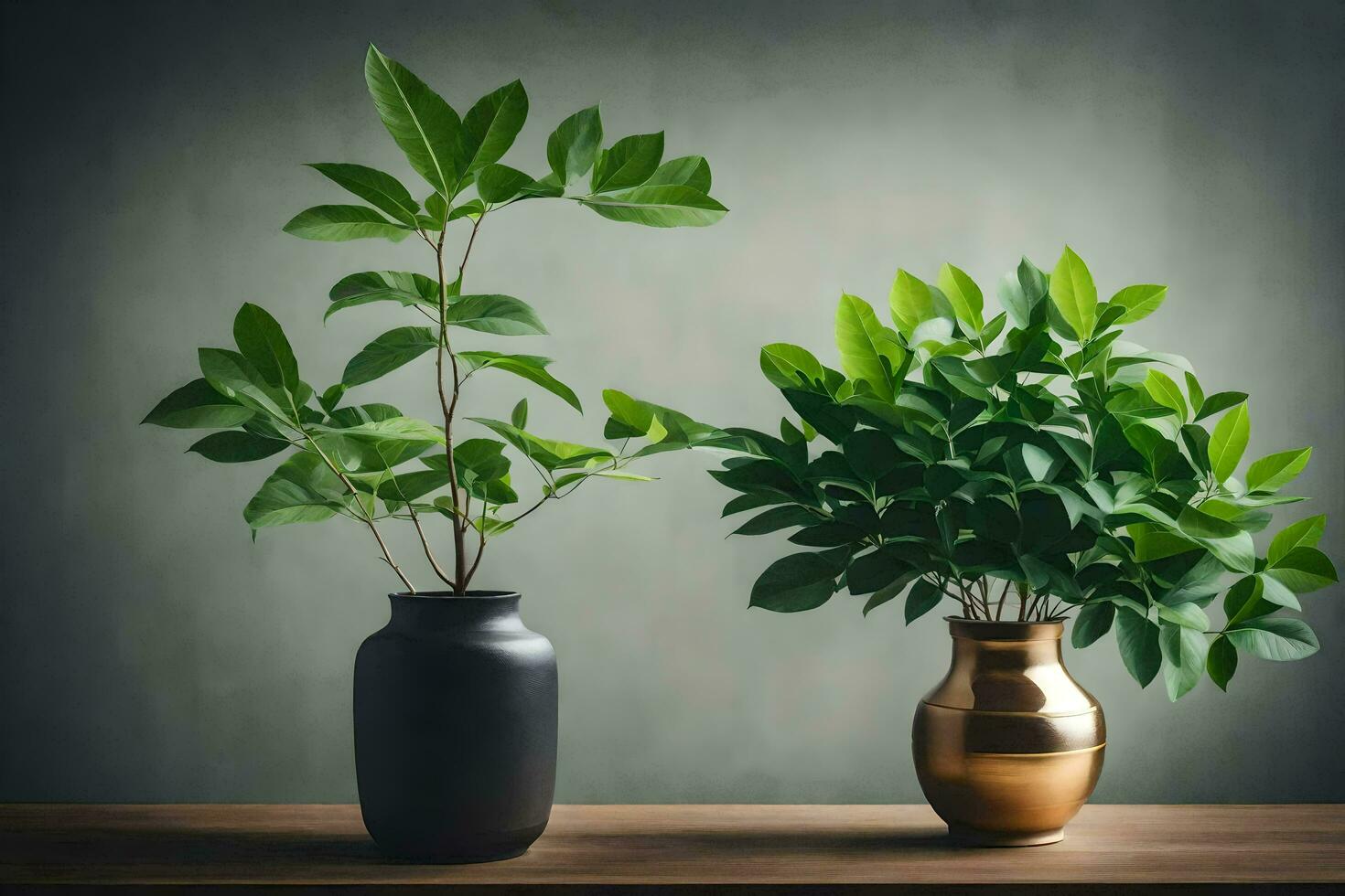 zwei Vasen mit Pflanzen auf ein Tisch. KI-generiert foto