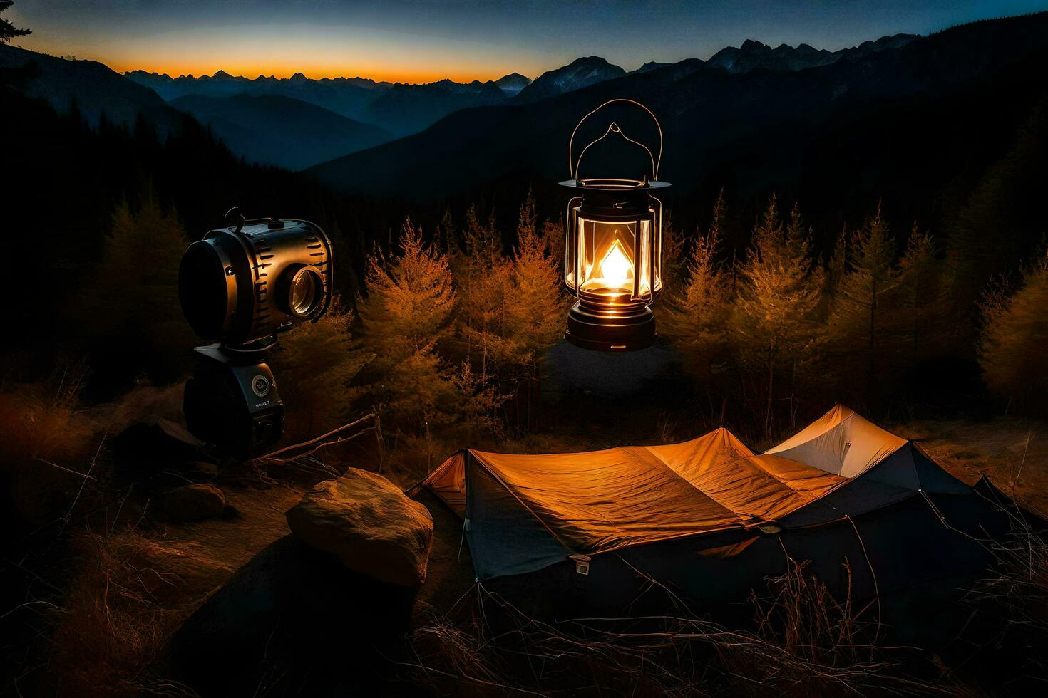 ein Lagerfeuer und ein Kamera sind zündete oben im das Berge. KI-generiert foto