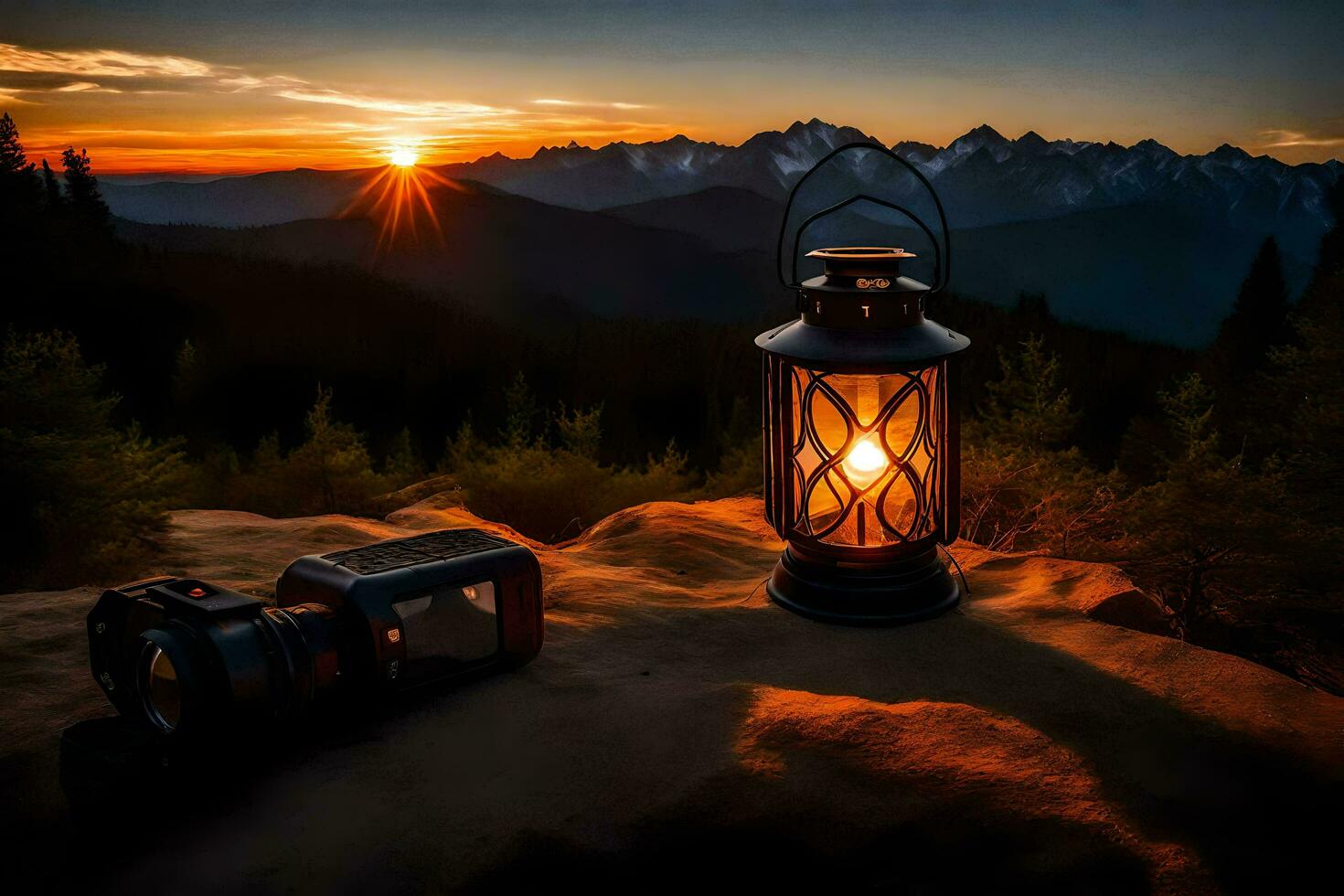 ein Laterne und Kamera auf ein Berg beim Sonnenuntergang. KI-generiert foto