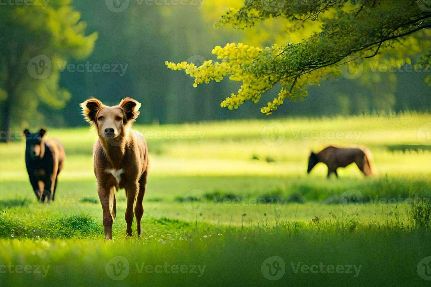 ein Hund und zwei Pferde im ein Feld. KI-generiert foto