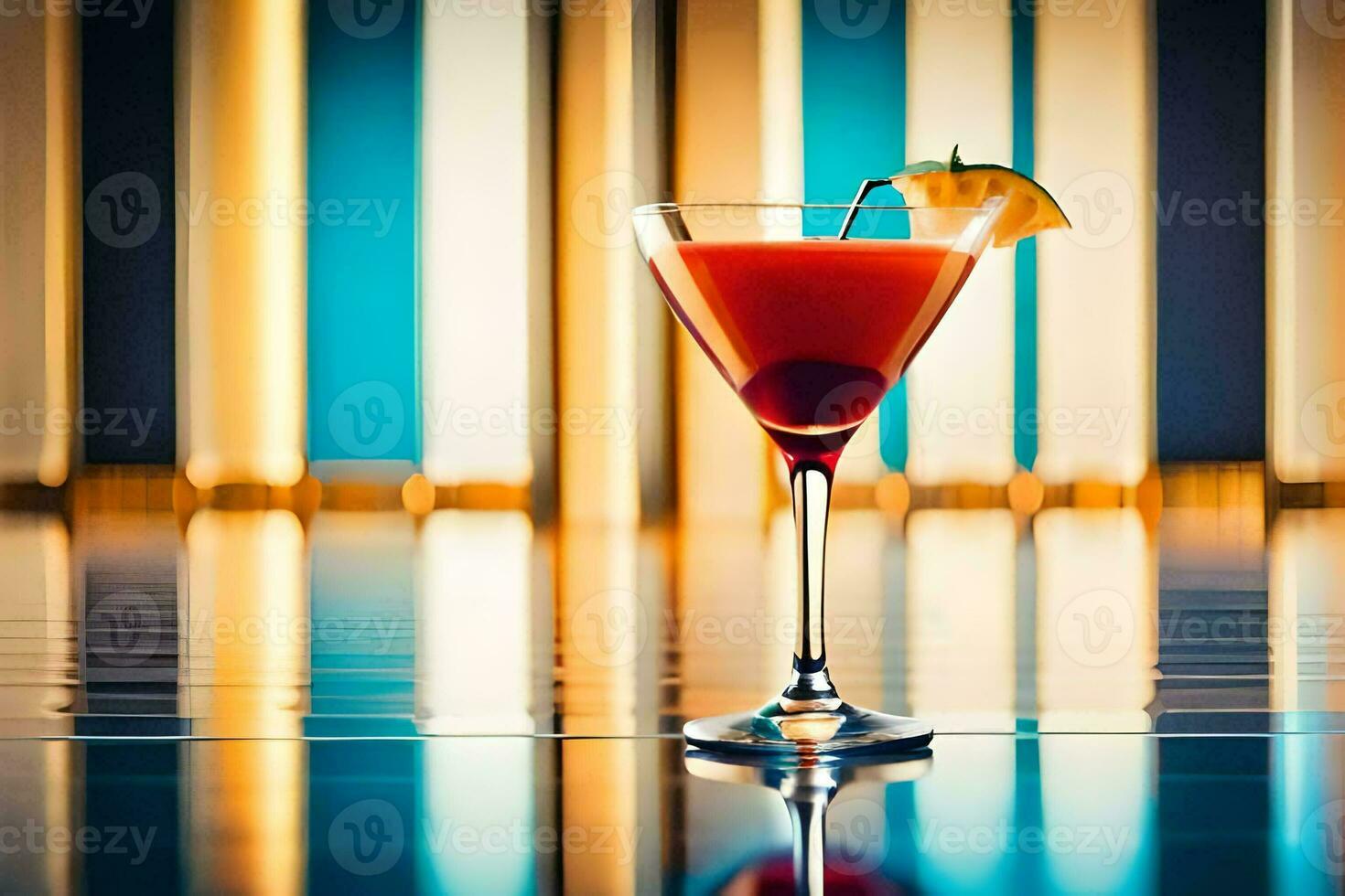 ein rot Cocktail Sitzung auf ein Tabelle im Vorderseite von ein gestreift Hintergrund. KI-generiert foto