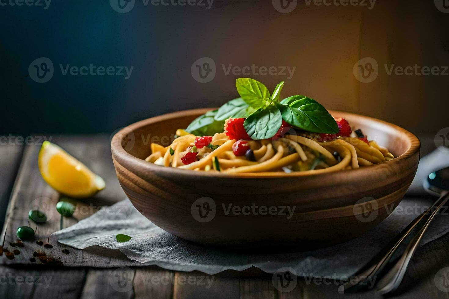 ein Schüssel von Pasta mit Tomaten, Basilikum und Minze Blätter. KI-generiert foto