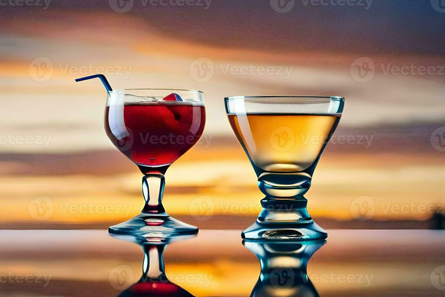 zwei Brille von Alkohol mit ein Sonnenuntergang im das Hintergrund. KI-generiert foto