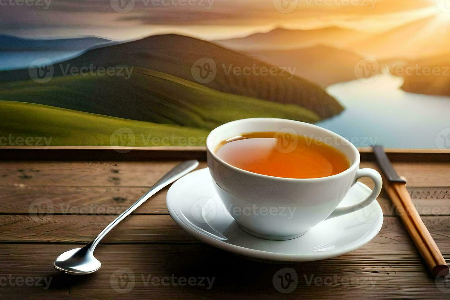 ein Tasse von Tee auf ein hölzern Tabelle mit ein Aussicht von Berge. KI-generiert foto