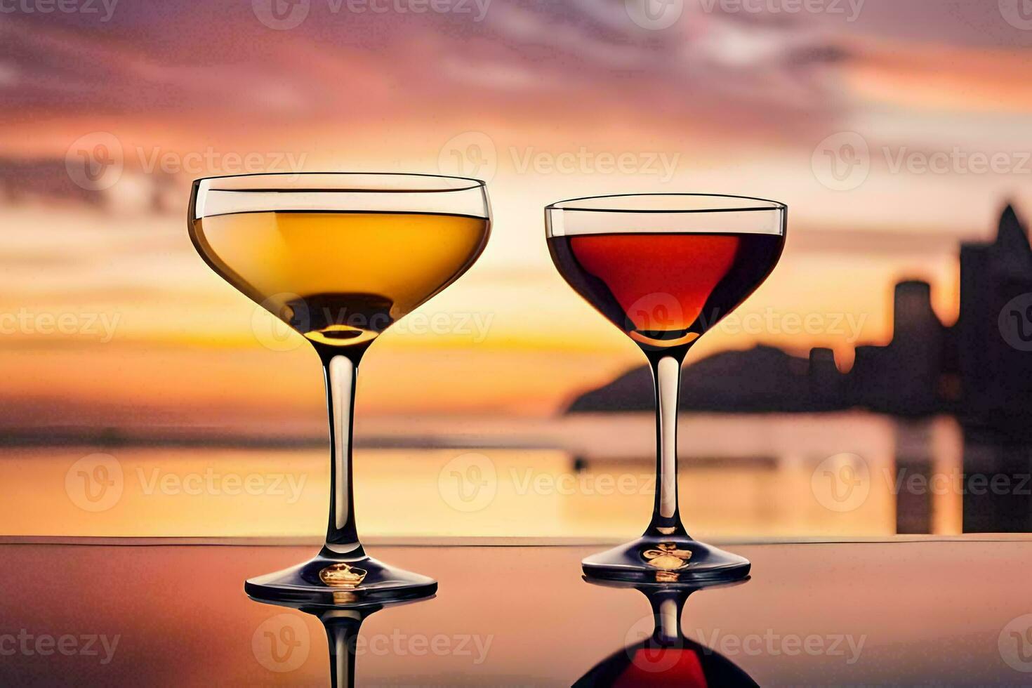zwei Brille von Wein auf ein Tabelle mit ein Sonnenuntergang im das Hintergrund. KI-generiert foto