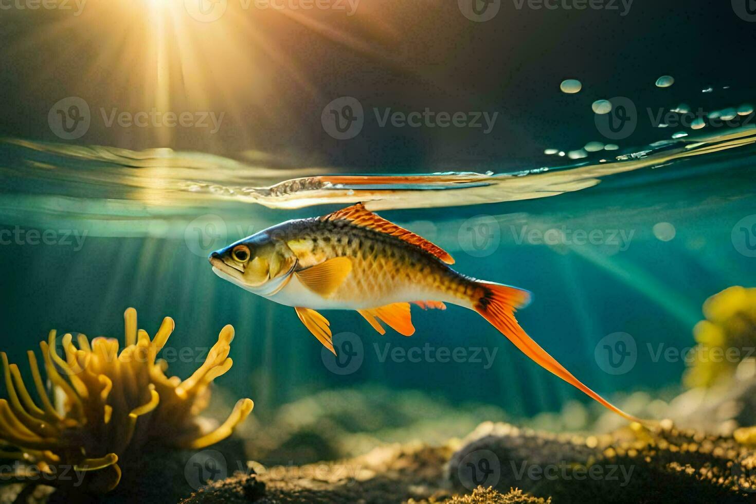 ein Fisch Schwimmen im das Ozean mit Sonnenlicht leuchtenden durch das Wasser. KI-generiert foto