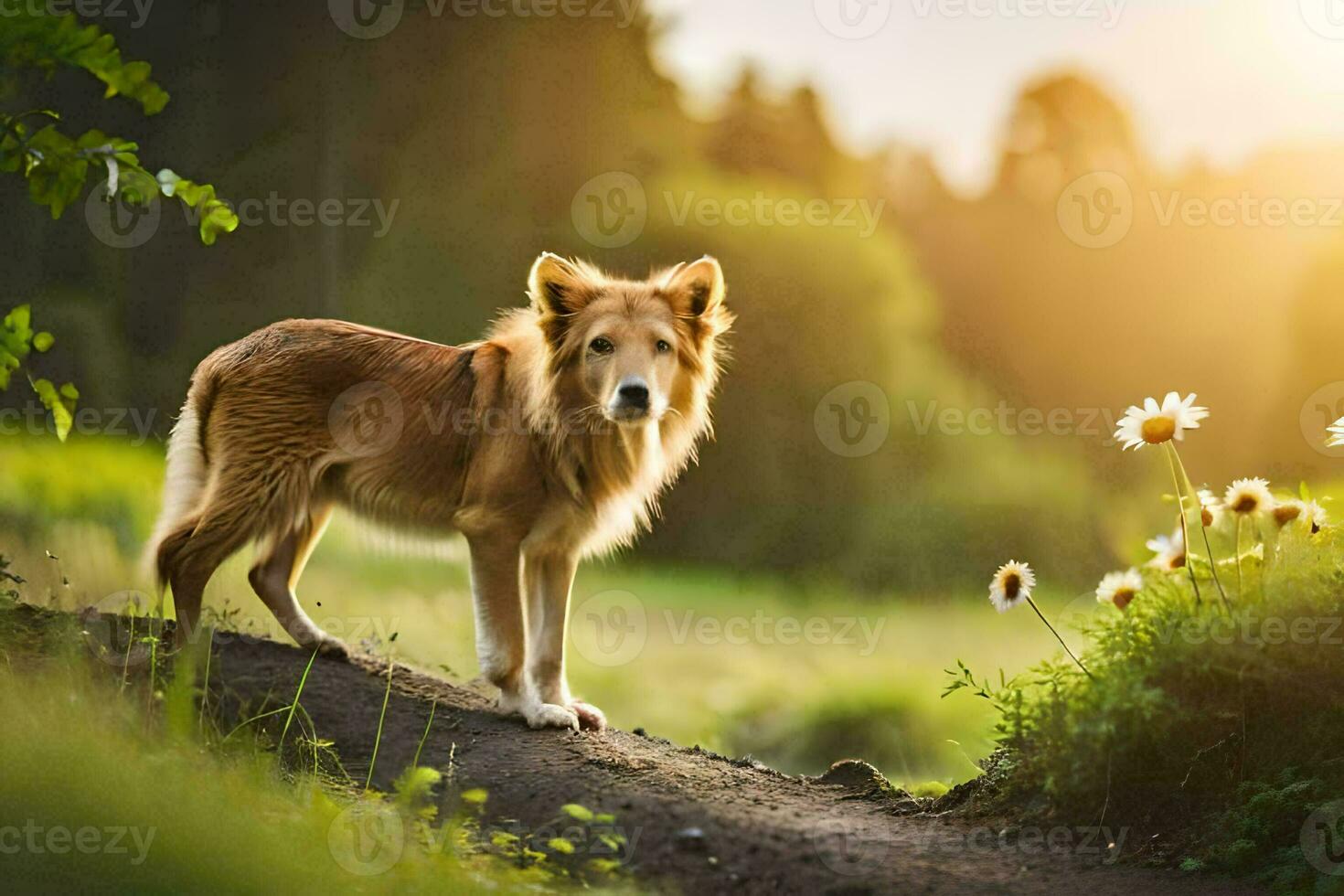 ein Hund Stehen auf ein Pfad im ein Feld. KI-generiert foto