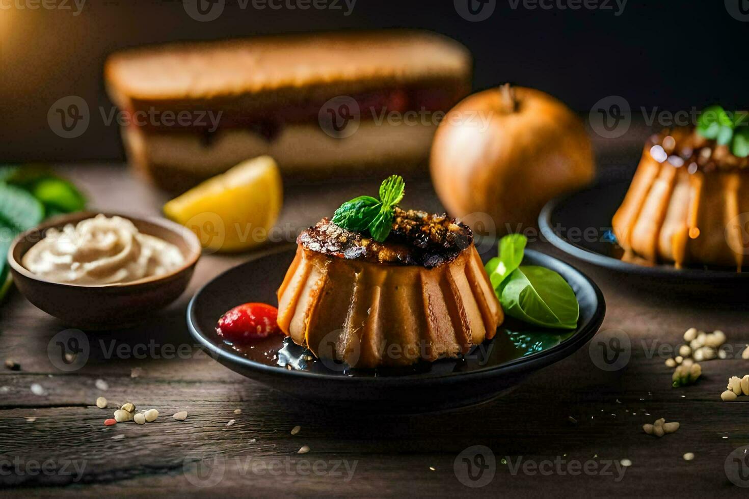 zwei Nachspeisen auf ein Tabelle mit ein Scheibe von Brot. KI-generiert foto