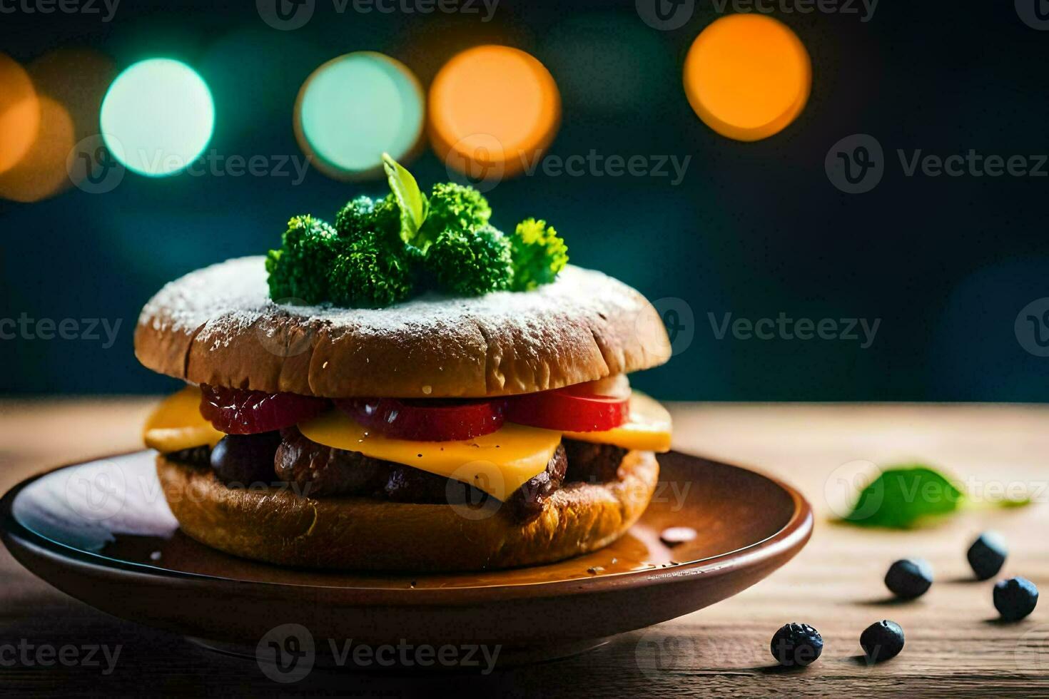 ein Hamburger mit Käse, Brokkoli und Tomaten auf ein hölzern Platte. KI-generiert foto