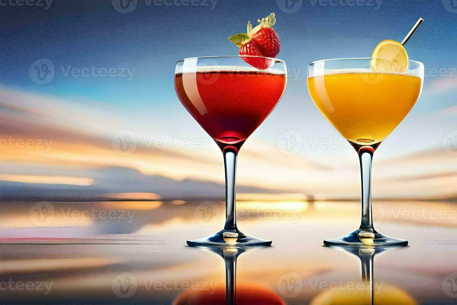 zwei Brille von Cocktails mit Obst und ein Sonnenuntergang im das Hintergrund. KI-generiert foto