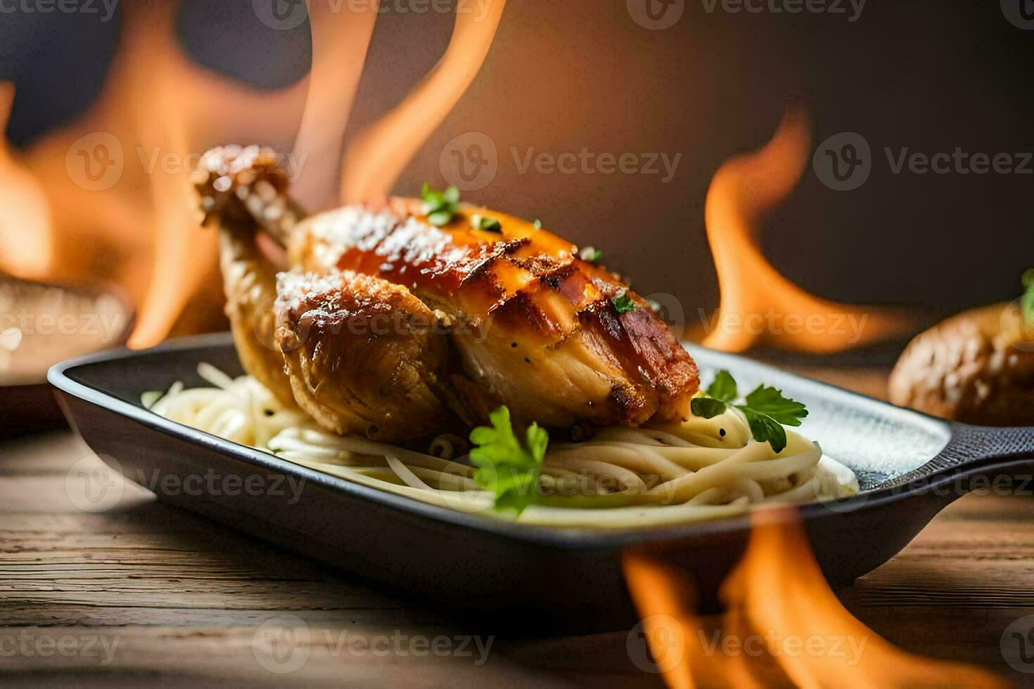 ein Hähnchen ist Sitzung auf oben von Pasta im ein Pfanne. KI-generiert foto