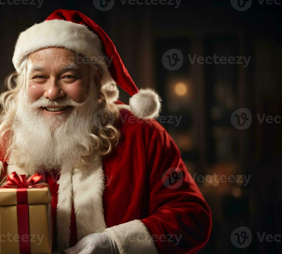 lächelnd Santa claus oder Heilige Nikolaus mit Geschenk Box auf Urlaub Hintergrund. fröhlich Weihnachten und glücklich Neu Jahr. ai generativ foto