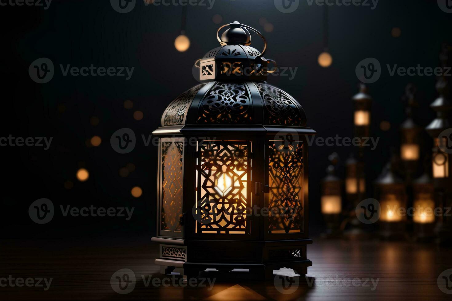 dekorativ Arabisch Laterne mit Verbrennung Kerze Innerhalb auf dunkel Hintergrund. festlich Gruß Karte, Einladung zum Muslim heilig Monat Ramadan karem. ai generativ foto