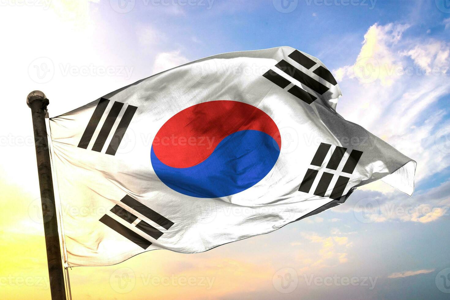 Südkorea 3d Rendern Flagge winken isoliert Himmel und Wolke Hintergrund foto