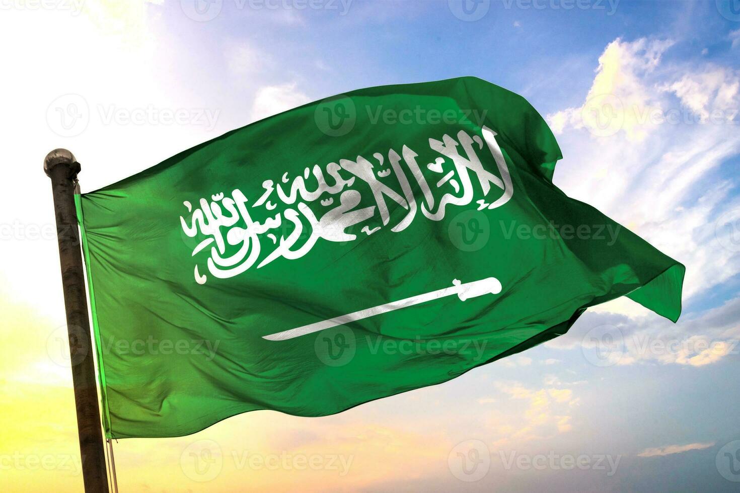 Saudi-Arabien 3d Rendern Flagge winken isoliert Himmel und Wolke Hintergrund foto