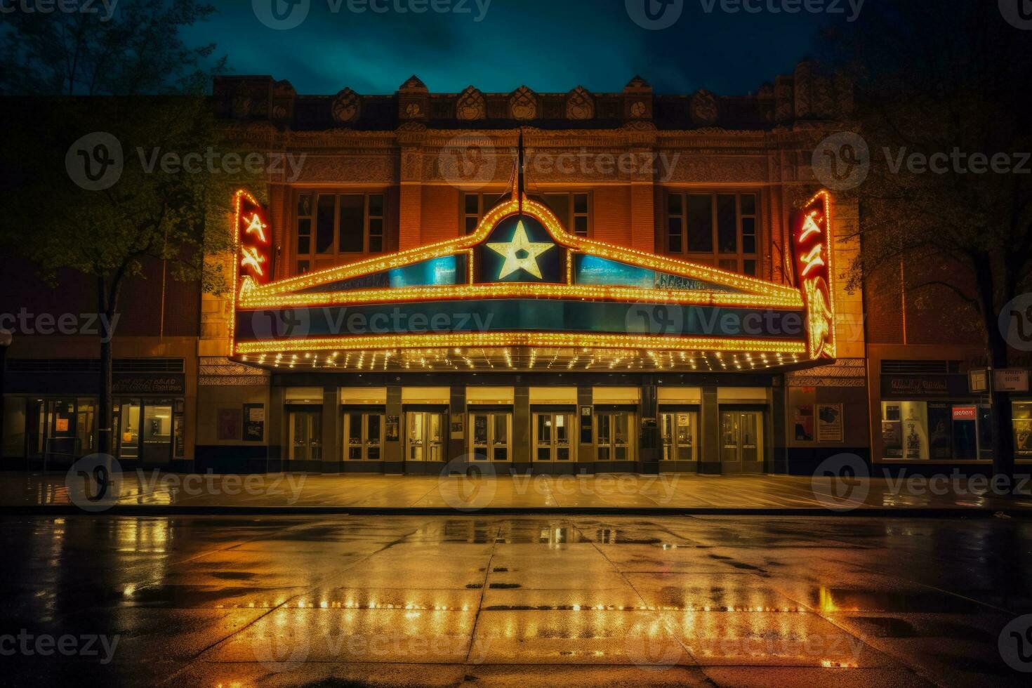 ein Theater Festzelt beleuchtet mit das Namen von das abends Sterne foto